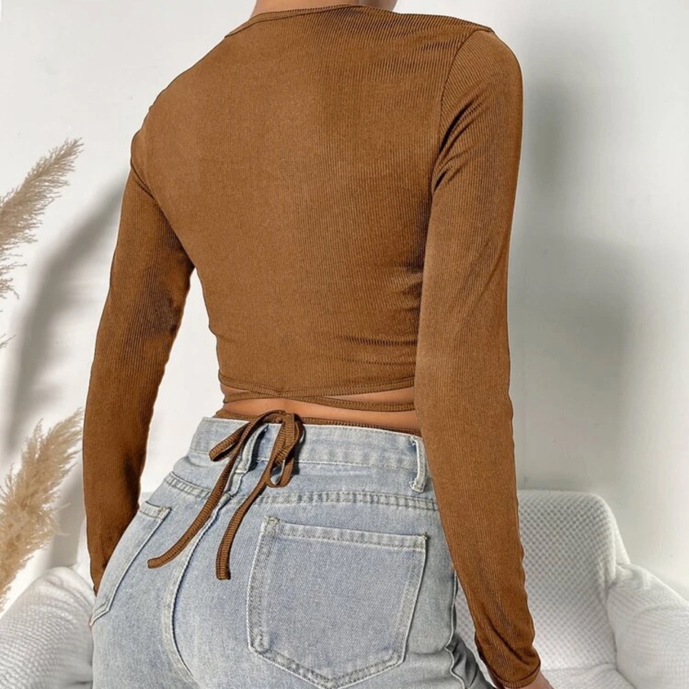 Long sleeve criss cross wrap around tie crop top ribbed knit black y2k - Picture 4 of 4